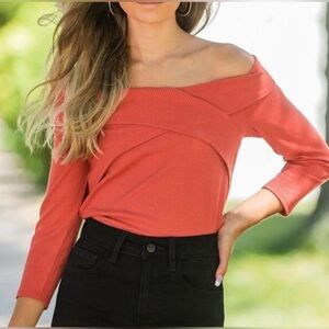 WILLOW & ROOT Orange Coral Ribbed Knit Off The Shoulder Top Blouse Medium